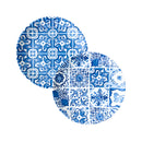 Two round blue and white melamine plates with floral and geometric patterns.