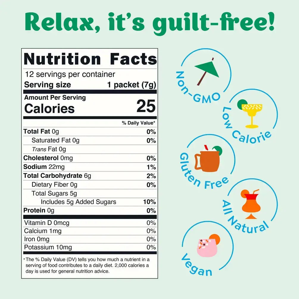 Nutrition facts label with health benefits on a light blue background
