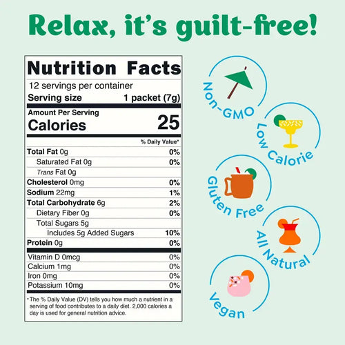 Nutrition facts label with health benefits on a light blue background