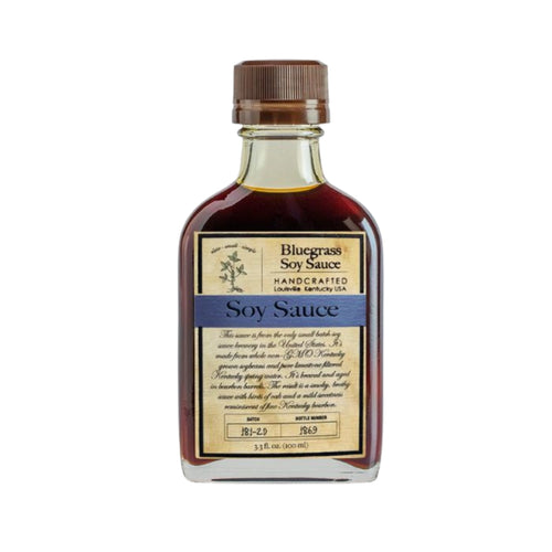 Bottle of Bluegrass Soy Sauce on a white background