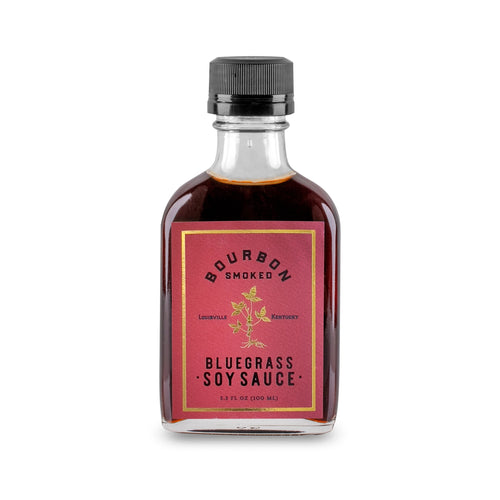 Bottle of Bourbon Smoked Bluegrass Soy Sauce on a white background