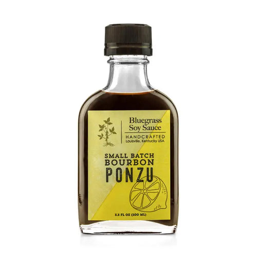 Bottle of Bluegrass Soy Sauce Small Batch Bourbon Ponzu on a white background