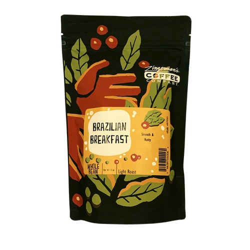 Coffee package with colorful design and 'Brazilian Breakfast' text on a white background
