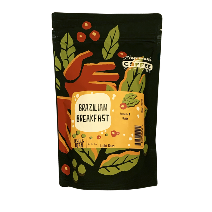 Coffee package with colorful design and 'Brazilian Breakfast' text on a white background