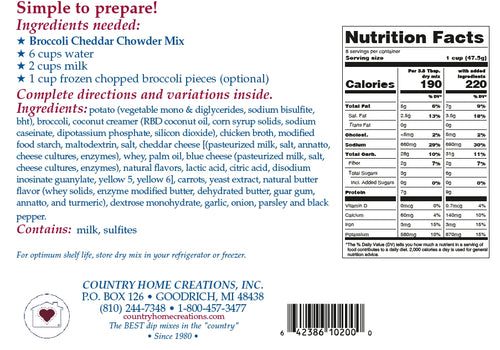 Nutrition label and ingredients list for a Broccoli Cheddar Chowder Mix from Country Home Creations.