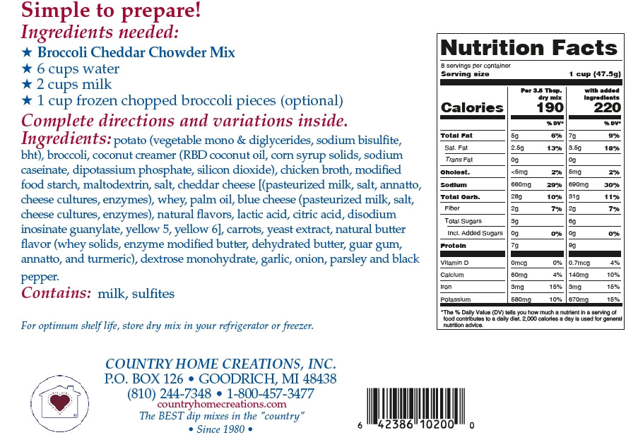 Nutrition label and ingredients list for a Broccoli Cheddar Chowder Mix from Country Home Creations.