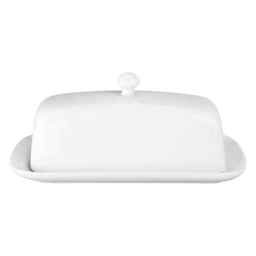 White ceramic butter dish with lid on a white background