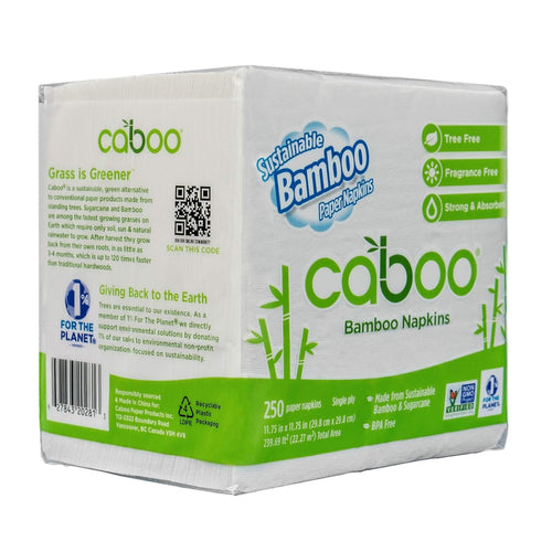 Packaging of Caboo bamboo napkins with green and white color theme, highlighting sustainability and tree-free content.