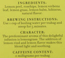 A list of ingredients, brewing instructions, tea character, and 0 caffeine content in black text on a gold background.