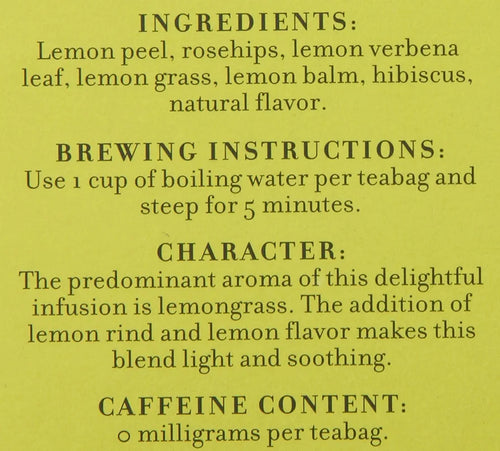 A list of ingredients, brewing instructions, tea character, and 0 caffeine content in black text on a gold background.