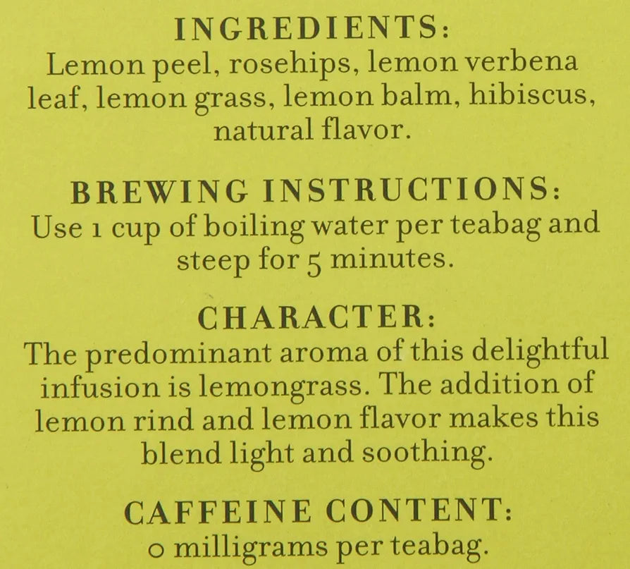 A list of ingredients, brewing instructions, tea character, and 0 caffeine content in black text on a gold background.