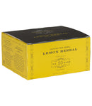 A box of 50 foil wrapped teabags labeled Lemon Herbal, indicating the flavor and quantity, with the brand Harney & Sons visible.