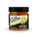 Jar of Collins candied lemon twist cocktail garnish on a white background