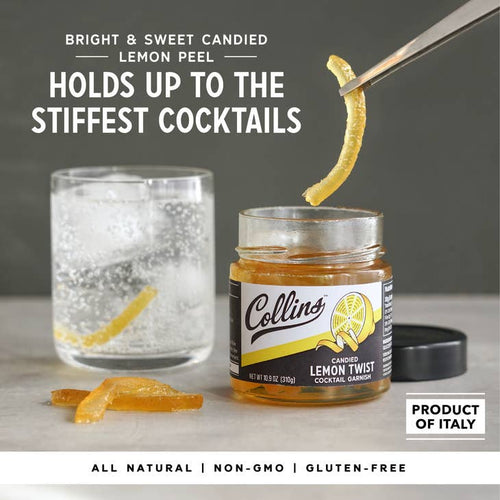 A jar of Collins' Lemon Twist candied lemon peels with a piece of lemon peel dangling from a glass, indicating the product's use in enhancing cocktails.