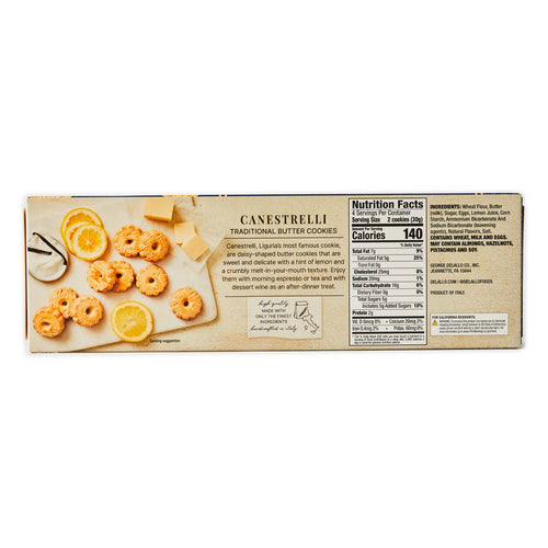 Box of Canestrelli traditional butter cookies with a white background