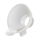 A white canning funnel with a removable screen, side ribbing, and a flat handle.