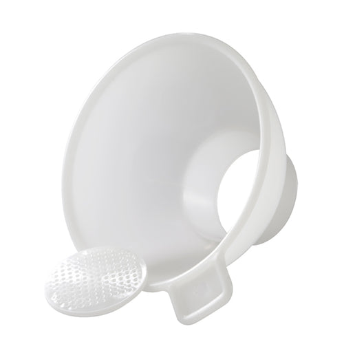 A white canning funnel with a removable screen, side ribbing, and a flat handle.