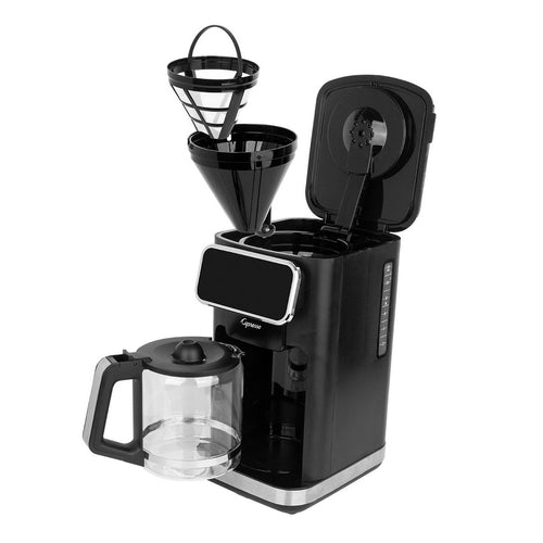 Black coffee maker with open compartments on a white background