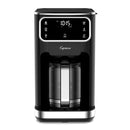 A black Capresso 12 cup touchscreen coffee maker with a glass carafe and stainless steel accents.