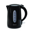 Black electric kettle with measurement markings on a white background