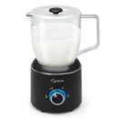 Capresso milk frother with clear pitcher and black base on a white background