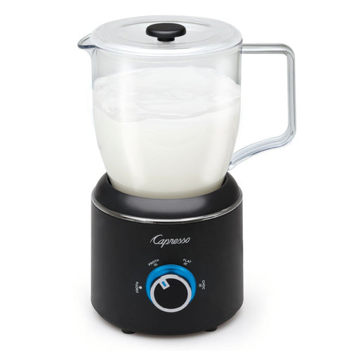 Capresso milk frother with clear pitcher and black base on a white background
