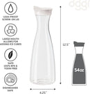 Clear carafe with white lid, featuring icons and measurements on a white background.