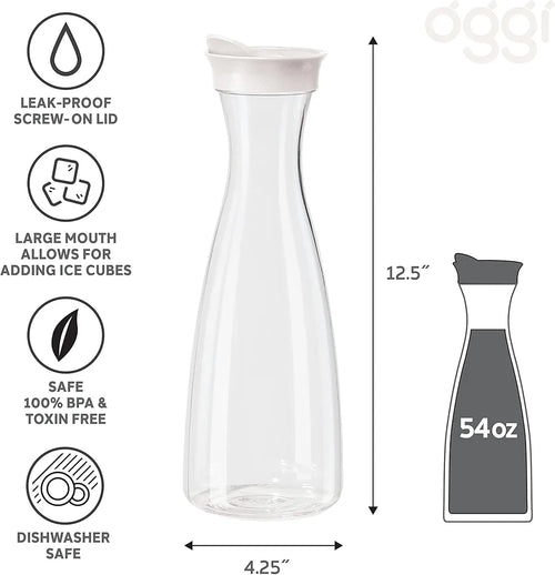 Clear carafe with white lid, featuring icons and measurements on a white background.