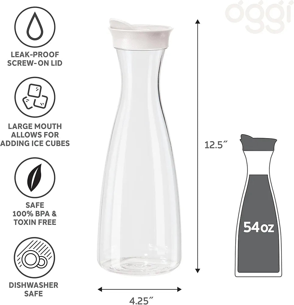 Clear carafe with white lid, featuring icons and measurements on a white background.