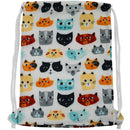 A multicolored cat face pattern backpack with thick drawstrings and a side zipper pocket.