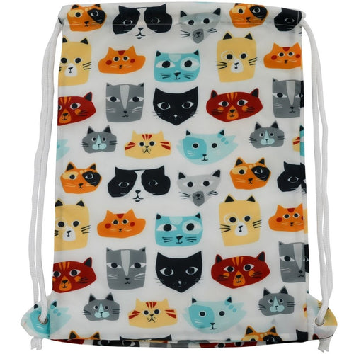 A multicolored cat face pattern backpack with thick drawstrings and a side zipper pocket.