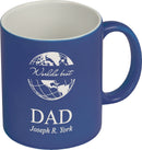 A blue ceramic mug customized with 'world's best dad' and a name.