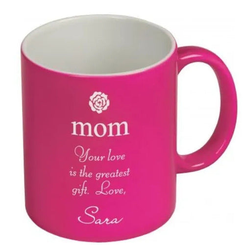 A pink ceramic mug customized for a mom from Sara