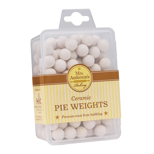 Pack of ceramic pie weights with 'Mrs. Anderson's Baking' label on a white background