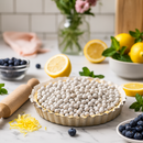 Pie crust filled with pie weights on a marble countertop with lemons, blueberries, and a rolling pin.