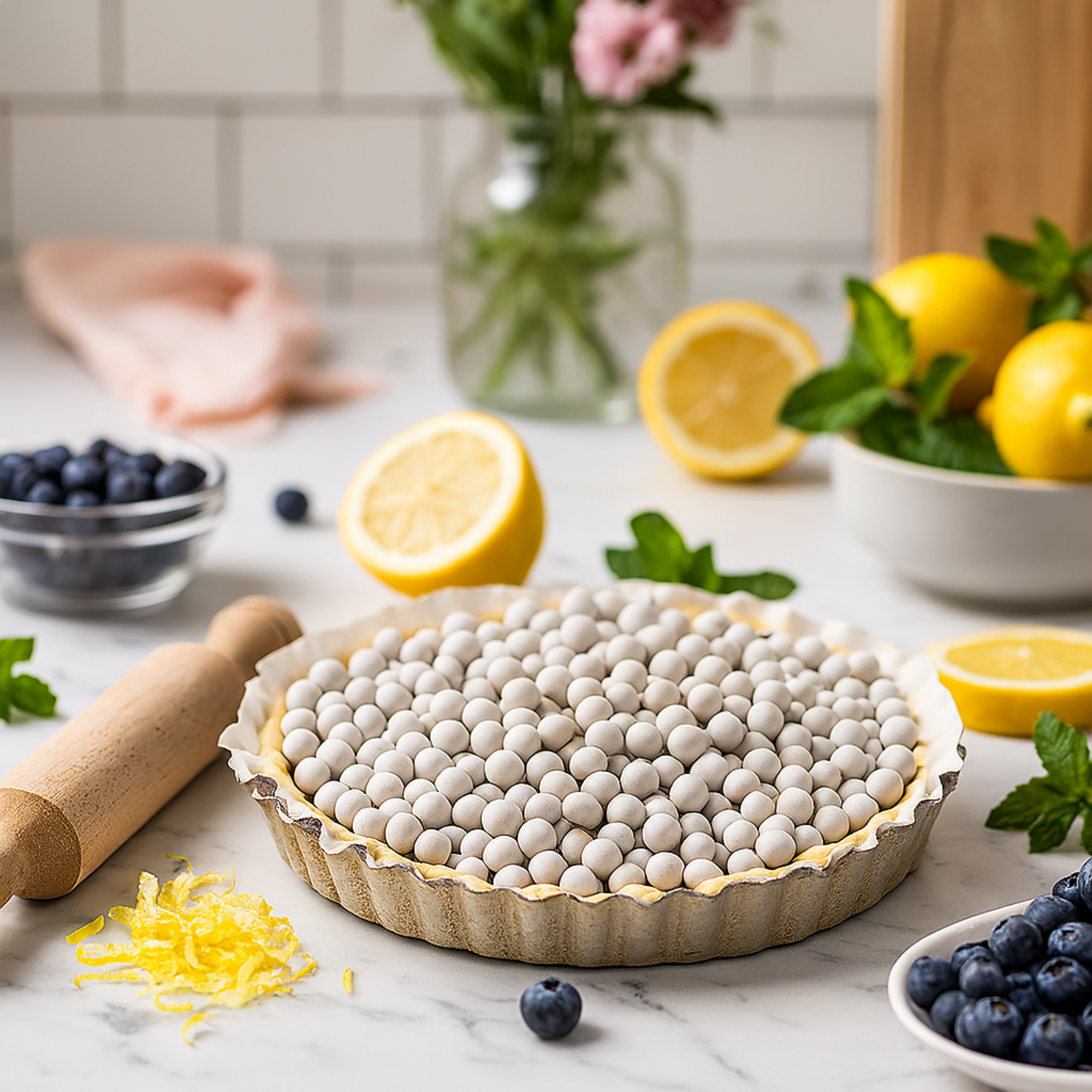 Pie crust filled with pie weights on a marble countertop with lemons, blueberries, and a rolling pin.