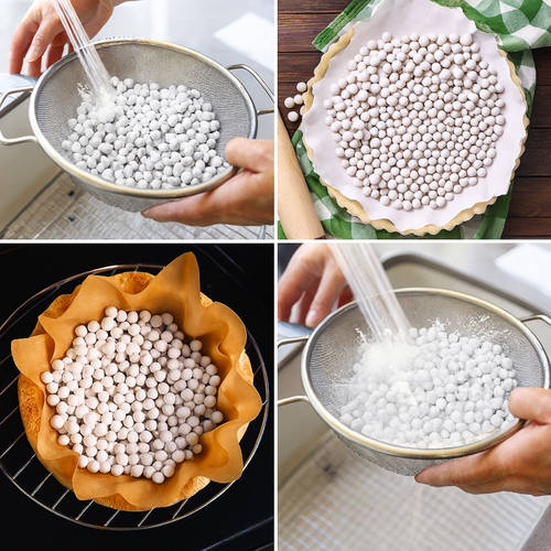 Step-by-step process of preparing a dish with white pie weights.