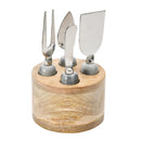 Set of four metal cheese tools in a wooden block against a white background