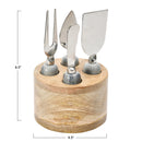 A set of stainless steel cheese servers with marble handles, displayed in a mango wood stand. The stand measures 4.