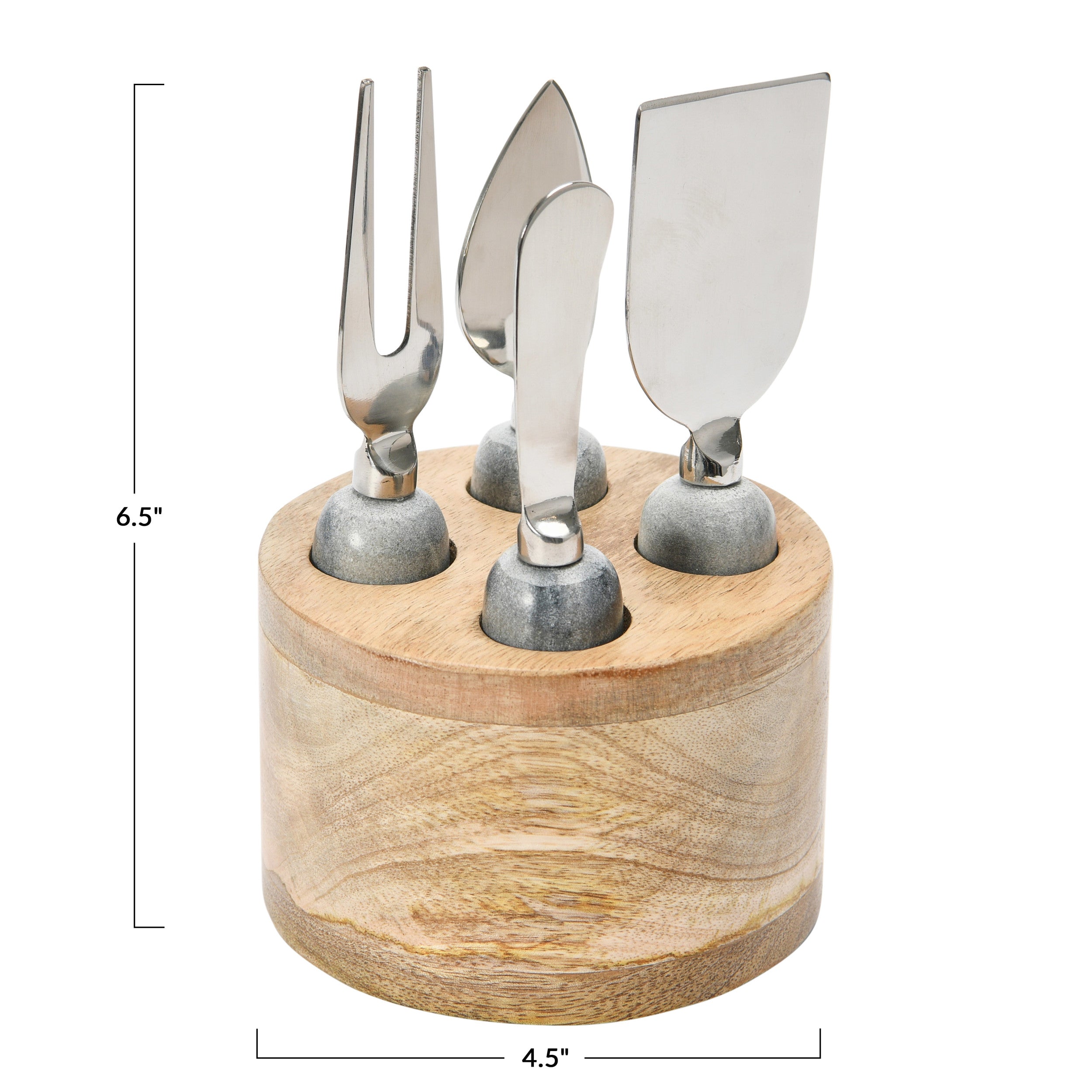 A set of stainless steel cheese servers with marble handles, displayed in a mango wood stand. The stand measures 4.