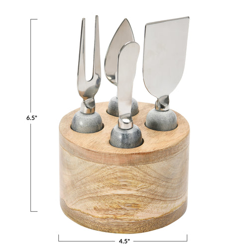 A set of stainless steel cheese servers with marble handles, displayed in a mango wood stand. The stand measures 4.