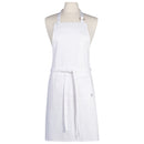 A white chef's apron with an adjustable neck strap and an oversized front pocket, displayed on a mannequin.