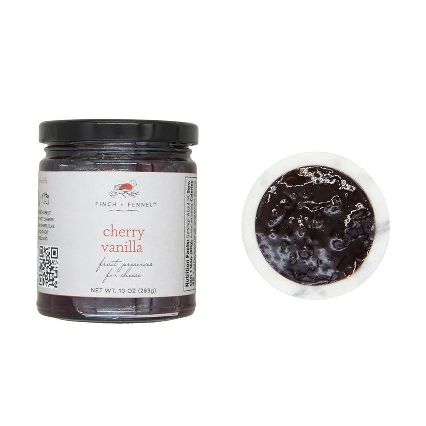 Jar of cherry vanilla preserve with a close-up of the preserve on a white background
