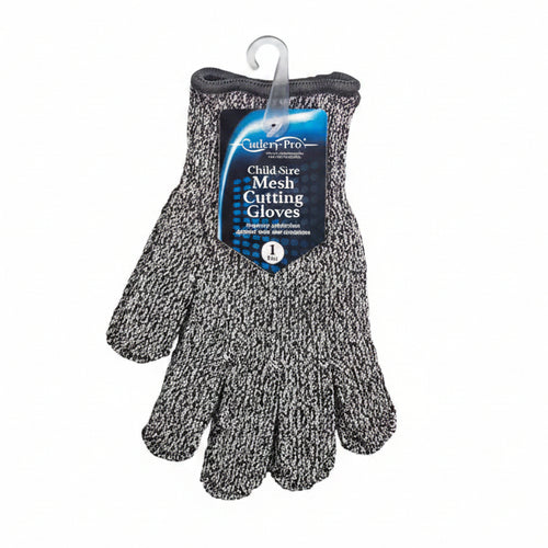 Child-size mesh cutting gloves with a visible brand label on a white background