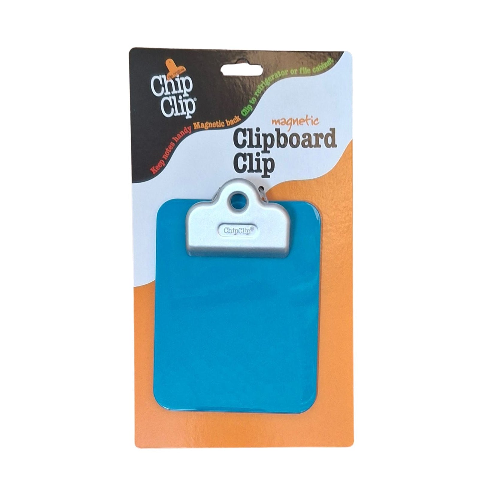 Blue magnetic clipboard clip on a white background