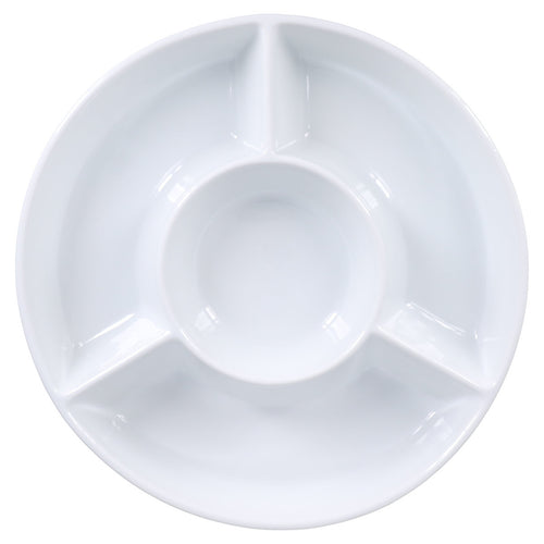 White ceramic platter with five sections on a white background