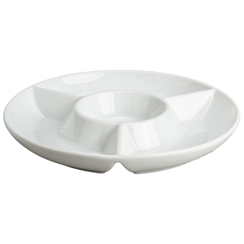 White ceramic platter with divided sections on a white background