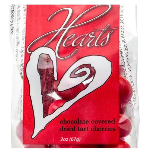 Packaging of chocolate-covered dried tart cherries with a red background and white text.