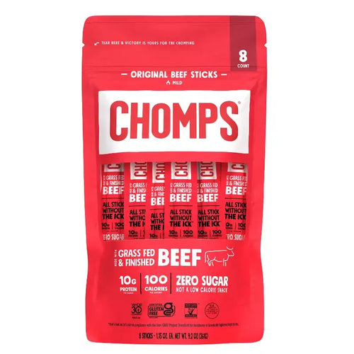 Red package of CHOMPS Original Beef Sticks on a white background