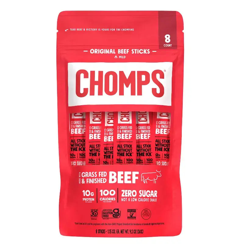 Red package of CHOMPS Original Beef Sticks on a white background
